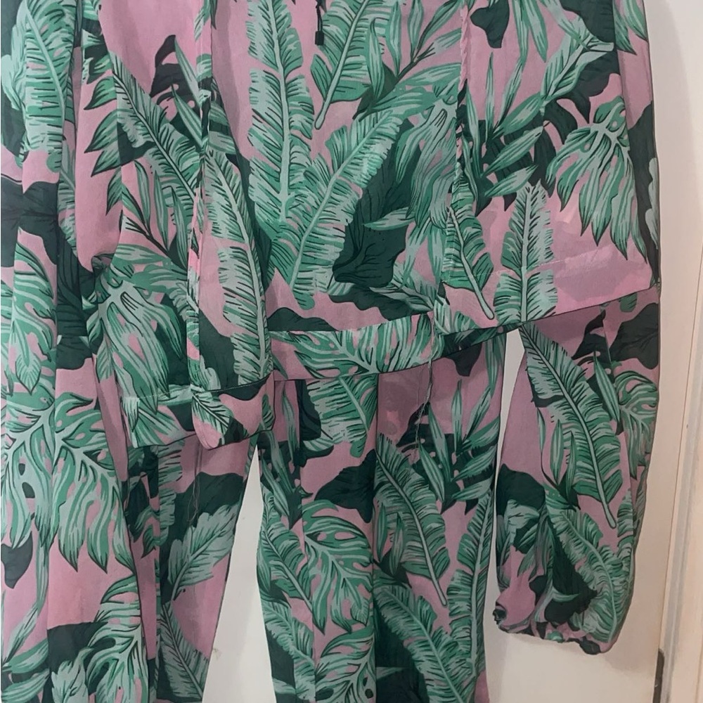 Tropical Leaf Print Jumpsuit in Pink and Green